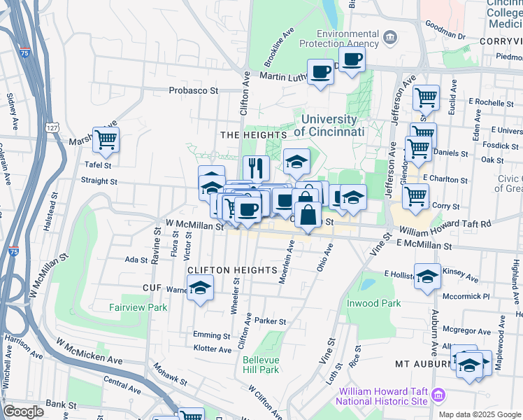 map of restaurants, bars, coffee shops, grocery stores, and more near 317 Calhoun Street in Cincinnati