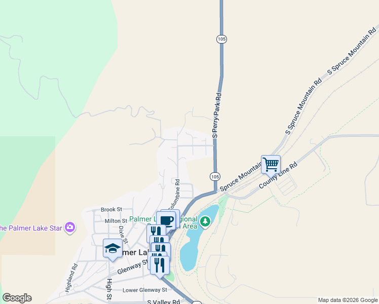 map of restaurants, bars, coffee shops, grocery stores, and more near 586 El Paso Road in Palmer Lake