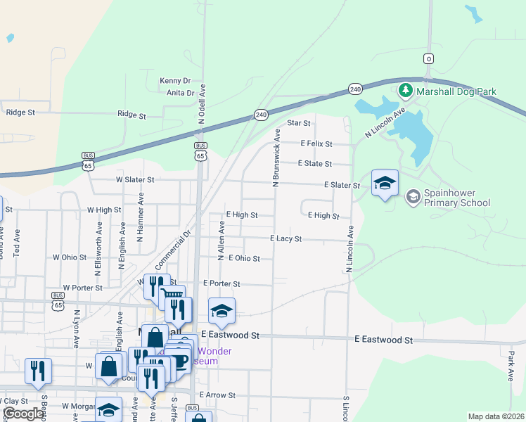 map of restaurants, bars, coffee shops, grocery stores, and more near 417 East High Street in Marshall