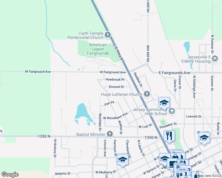 map of restaurants, bars, coffee shops, grocery stores, and more near 118 Dressel Dr in Jerseyville