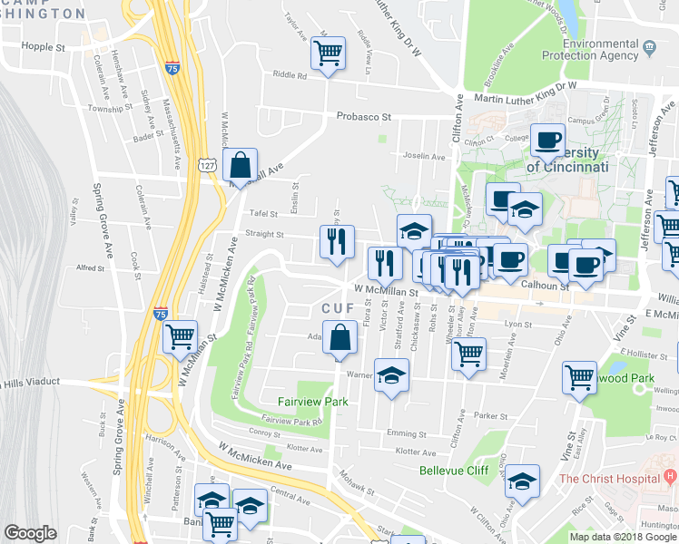 map of restaurants, bars, coffee shops, grocery stores, and more near 410 West McMillan Street in Cincinnati