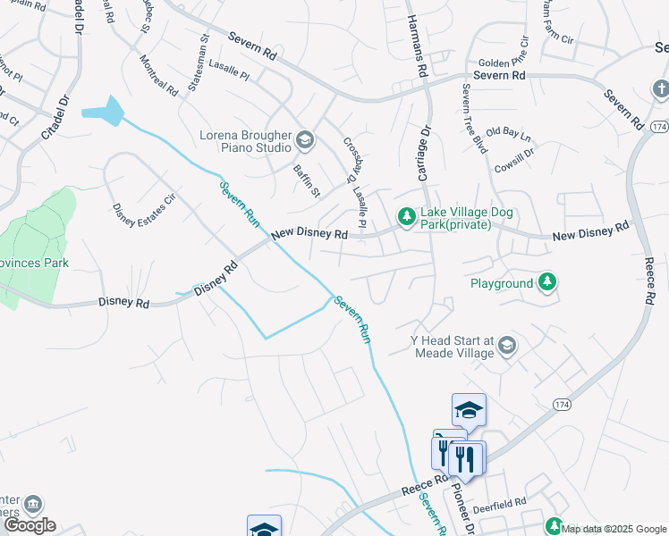 map of restaurants, bars, coffee shops, grocery stores, and more near 8036 Laketowne Court in Severn