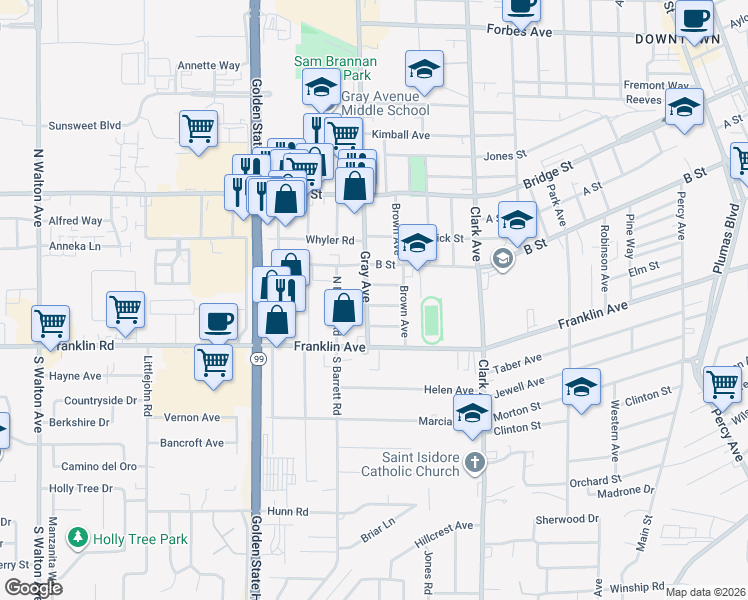 map of restaurants, bars, coffee shops, grocery stores, and more near 1058 Marilyn Avenue in Yuba City