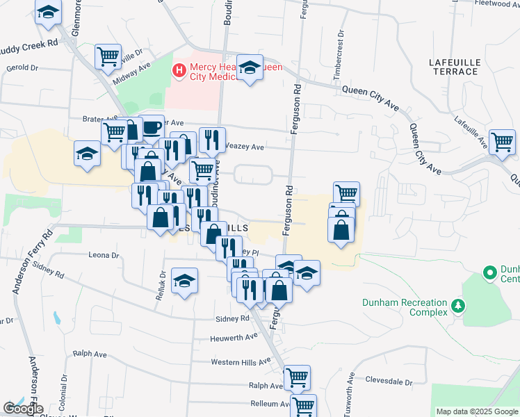 map of restaurants, bars, coffee shops, grocery stores, and more near 2323 Ferguson Road in Cincinnati