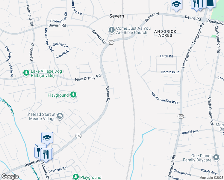 map of restaurants, bars, coffee shops, grocery stores, and more near 1008 Cortana Court in Severn