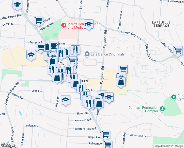map of restaurants, bars, coffee shops, grocery stores, and more near 2323 Ferguson Road in Cincinnati