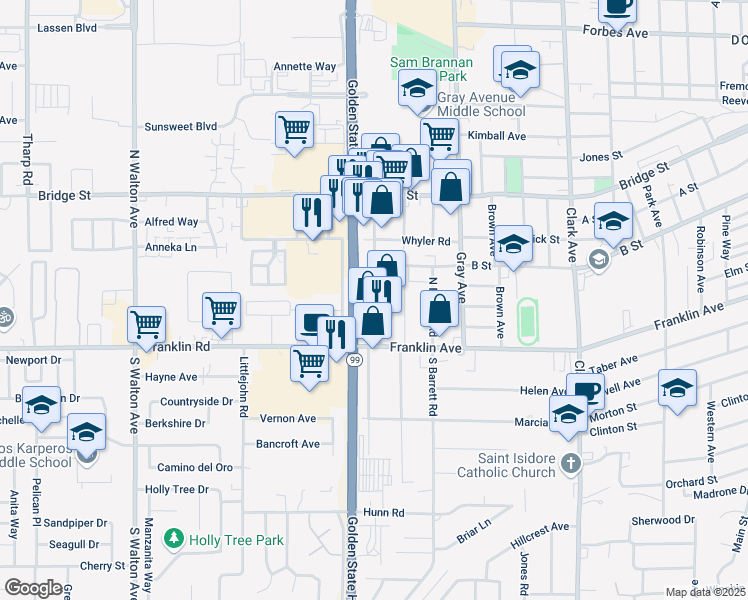 map of restaurants, bars, coffee shops, grocery stores, and more near 462 Palora Avenue in Yuba City