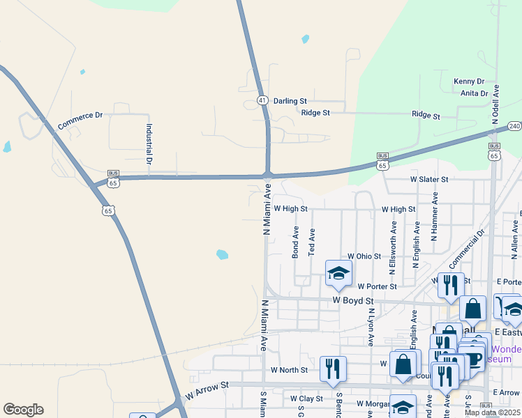 map of restaurants, bars, coffee shops, grocery stores, and more near 775 North Miami Avenue in Marshall