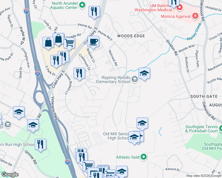 map of restaurants, bars, coffee shops, grocery stores, and more near 529 Crestpark Dr in Glen Burnie