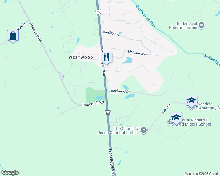 map of restaurants, bars, coffee shops, grocery stores, and more near 121 Laurelwood Drive in Winchester