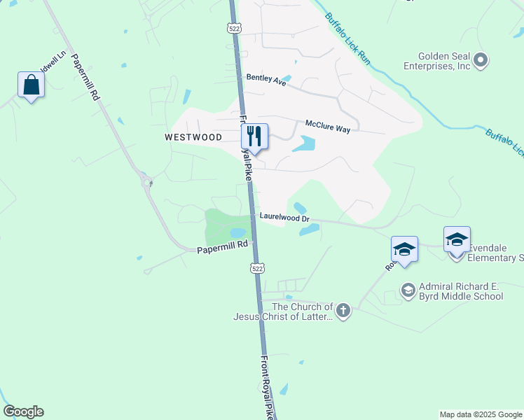 map of restaurants, bars, coffee shops, grocery stores, and more near 121 Laurelwood Drive in Winchester