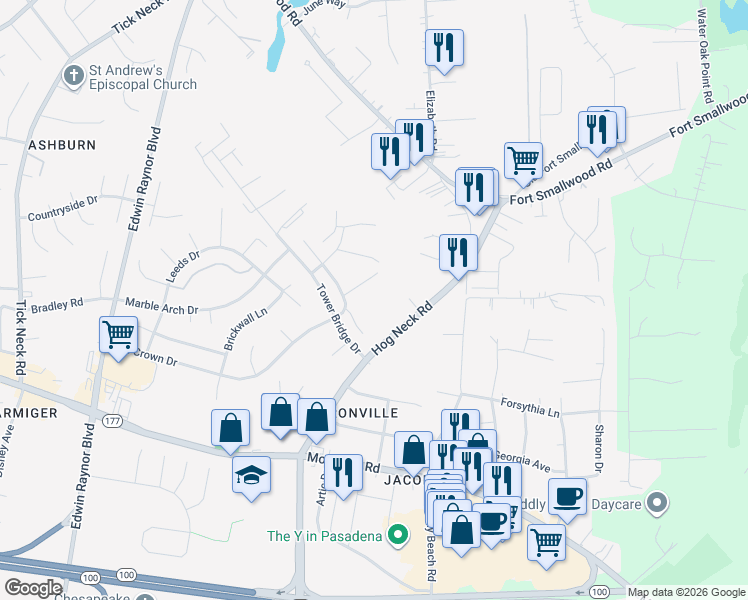 map of restaurants, bars, coffee shops, grocery stores, and more near 8124 Hog Neck Road in Pasadena
