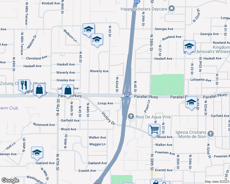 map of restaurants, bars, coffee shops, grocery stores, and more near 2020 North 42nd Street in Kansas City