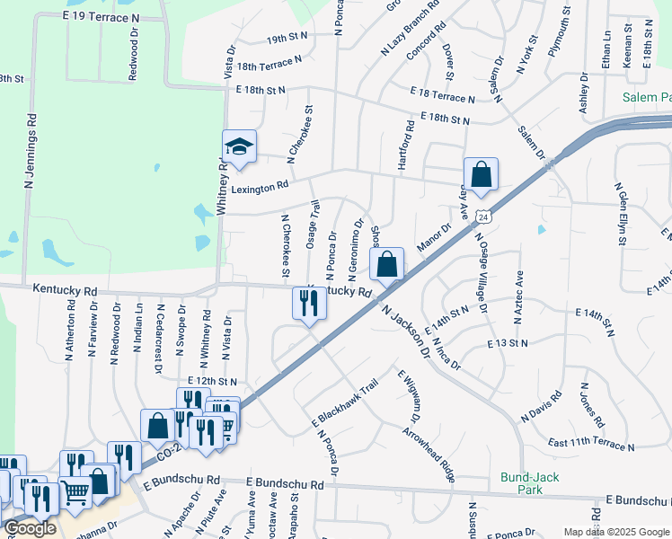 map of restaurants, bars, coffee shops, grocery stores, and more near 1409 North Ponca Drive in Independence