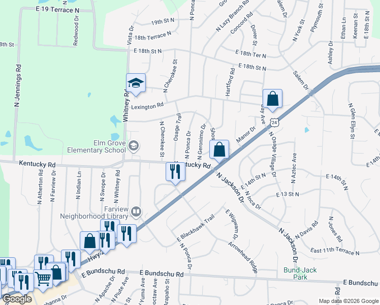 map of restaurants, bars, coffee shops, grocery stores, and more near 1411 North Ponca Drive in Independence