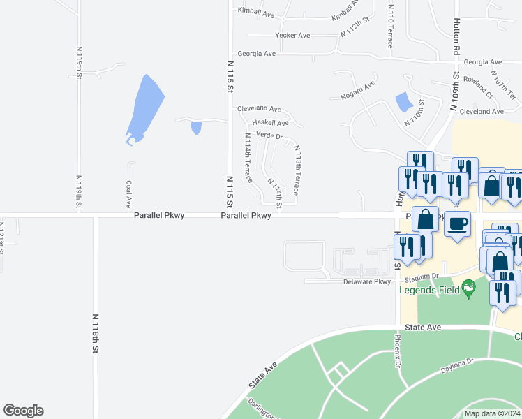 map of restaurants, bars, coffee shops, grocery stores, and more near 11409 Lafayette Avenue in Kansas City
