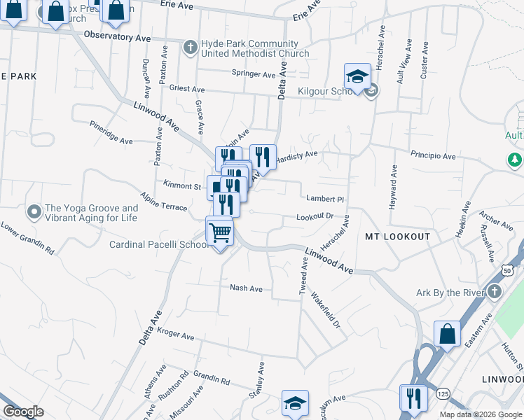 map of restaurants, bars, coffee shops, grocery stores, and more near 3160 Lookout Circle in Cincinnati