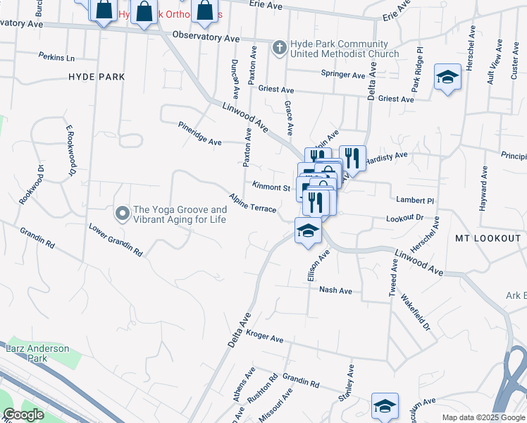 map of restaurants, bars, coffee shops, grocery stores, and more near 3023 Alpine Terrace in Cincinnati