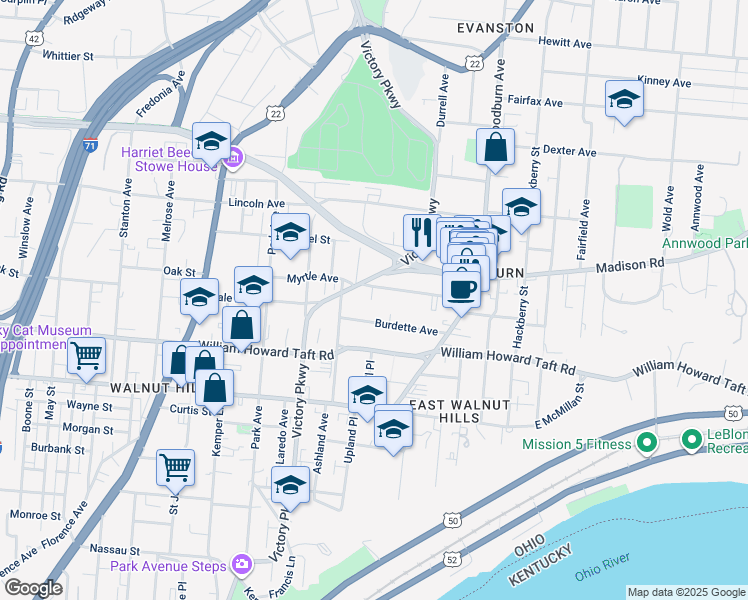 map of restaurants, bars, coffee shops, grocery stores, and more near 1327 Myrtle Avenue in Cincinnati