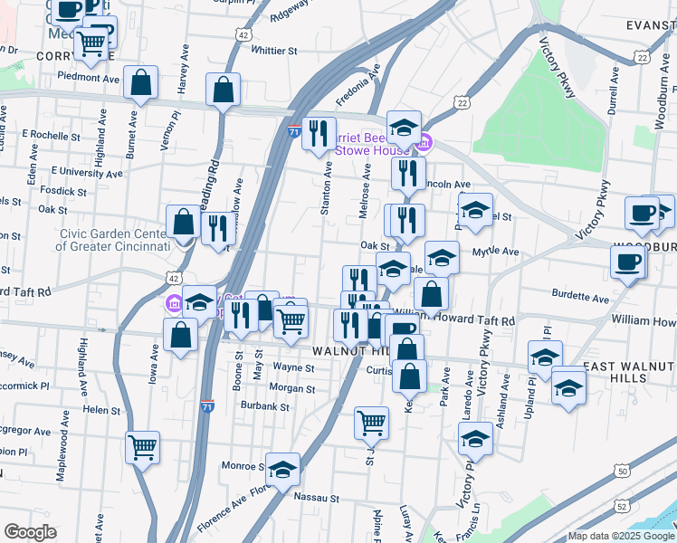 map of restaurants, bars, coffee shops, grocery stores, and more near 2636 Stanton Avenue in Cincinnati