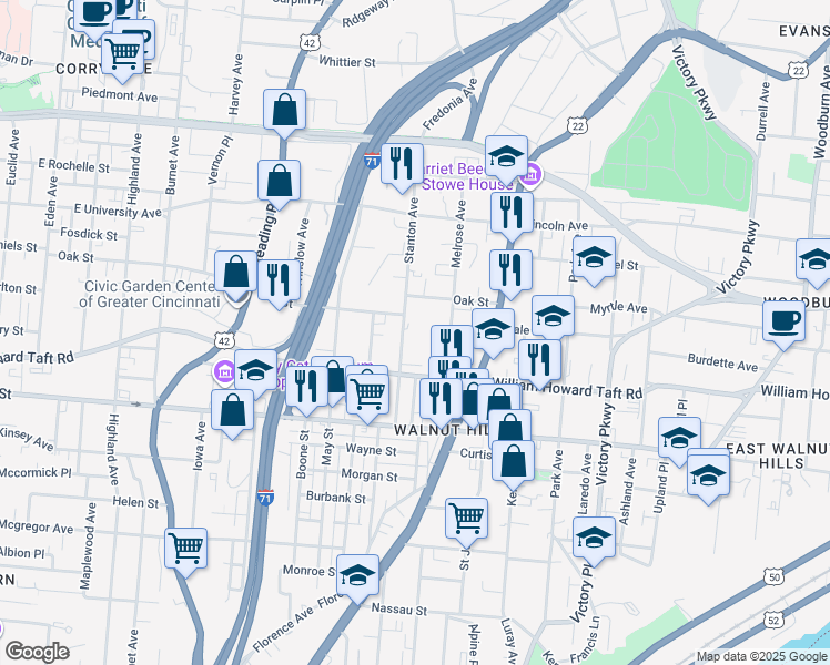 map of restaurants, bars, coffee shops, grocery stores, and more near 2636 Stanton Avenue in Cincinnati