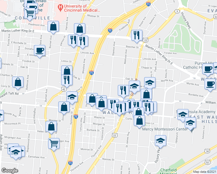 map of restaurants, bars, coffee shops, grocery stores, and more near 2636 Stanton Avenue in Cincinnati