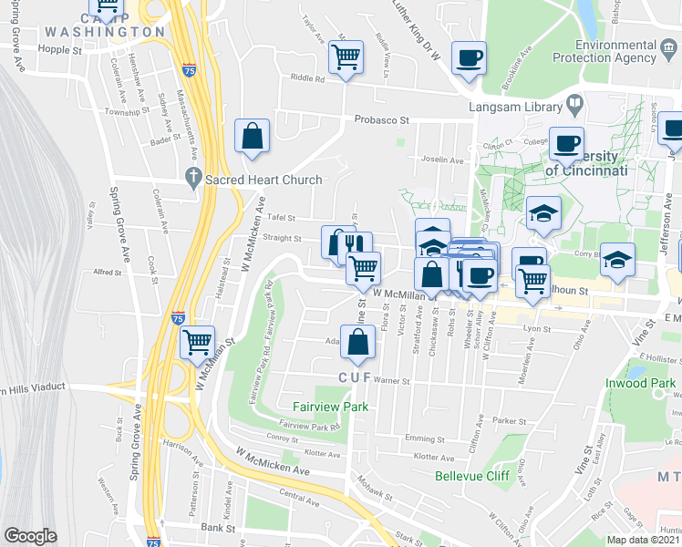 map of restaurants, bars, coffee shops, grocery stores, and more near 625 Clemmer Avenue in Cincinnati