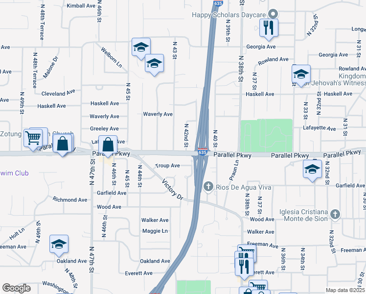 map of restaurants, bars, coffee shops, grocery stores, and more near 2020 North 42nd Street in Kansas City