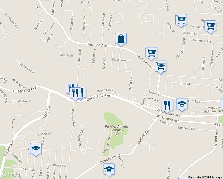 map of restaurants, bars, coffee shops, grocery stores, and more near 2046 Queen City Ave in Cincinnati
