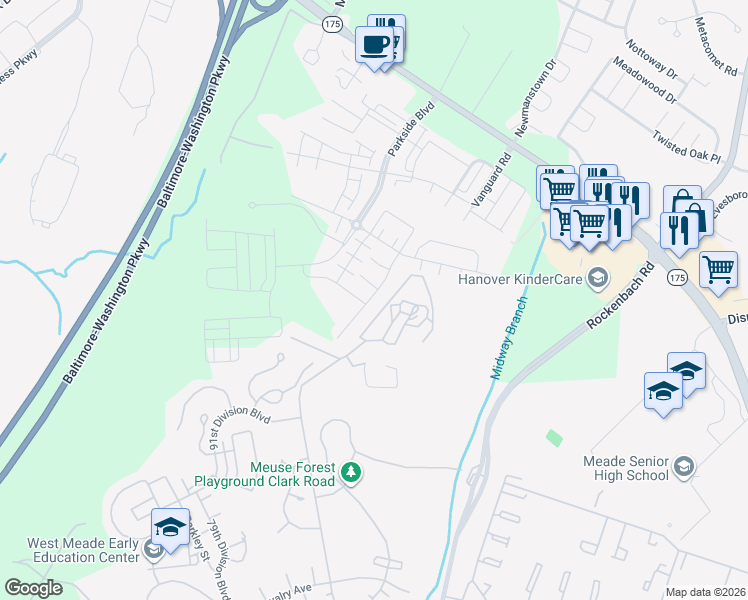 map of restaurants, bars, coffee shops, grocery stores, and more near 7950 Patterson Way in Hanover