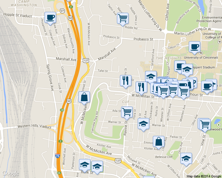 map of restaurants, bars, coffee shops, grocery stores, and more near 647 Clemmer Avenue in Cincinnati