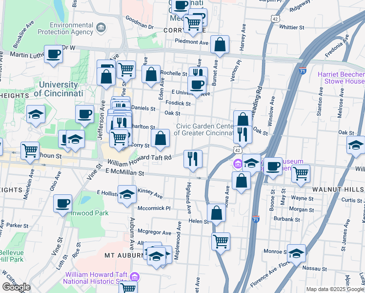 map of restaurants, bars, coffee shops, grocery stores, and more near 250 William Howard Taft Road in Cincinnati