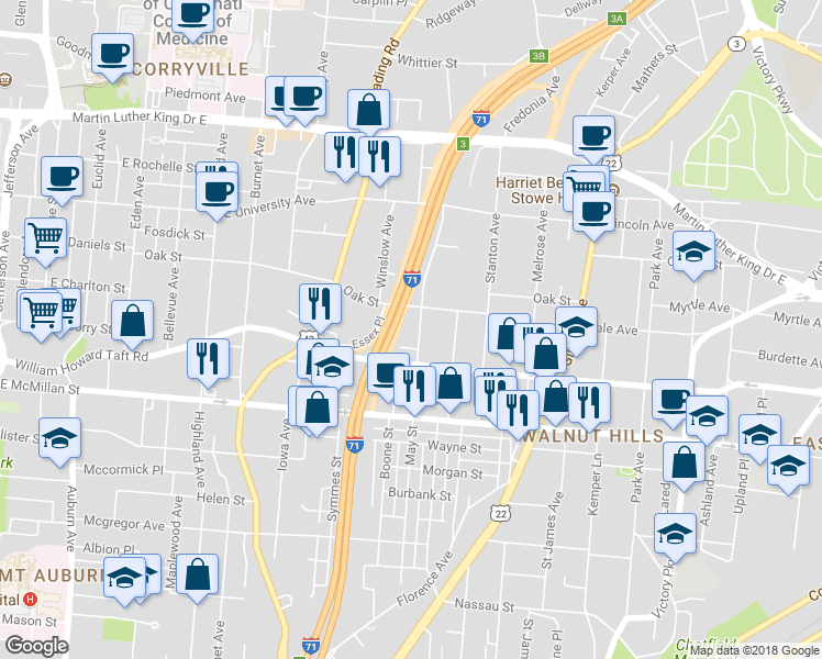 map of restaurants, bars, coffee shops, grocery stores, and more near 2715 May Street in Cincinnati