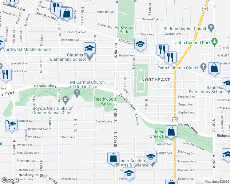 map of restaurants, bars, coffee shops, grocery stores, and more near Parallel Pkwy & N 10th St in Kansas City