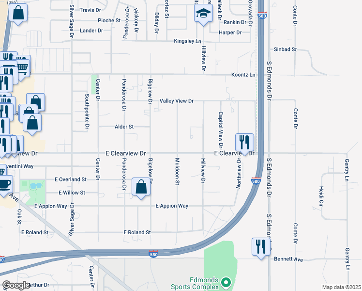 map of restaurants, bars, coffee shops, grocery stores, and more near 1300 East Clearview Drive in Carson City