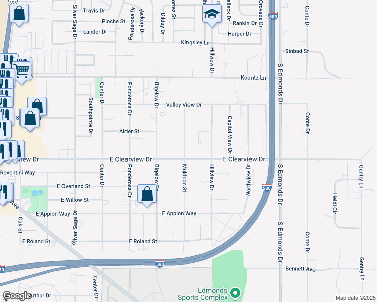 map of restaurants, bars, coffee shops, grocery stores, and more near 1300 East Clearview Drive in Carson City