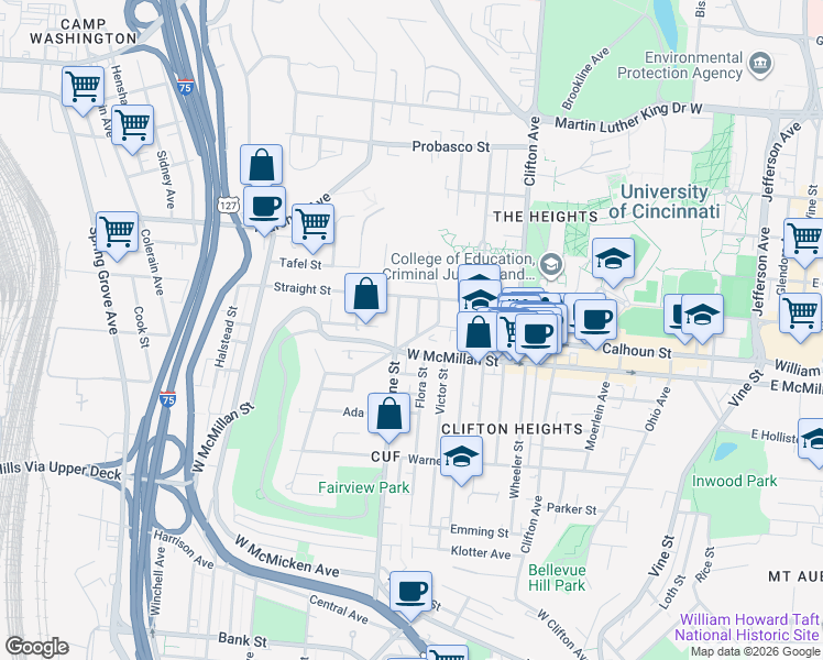 map of restaurants, bars, coffee shops, grocery stores, and more near in Cincinnati