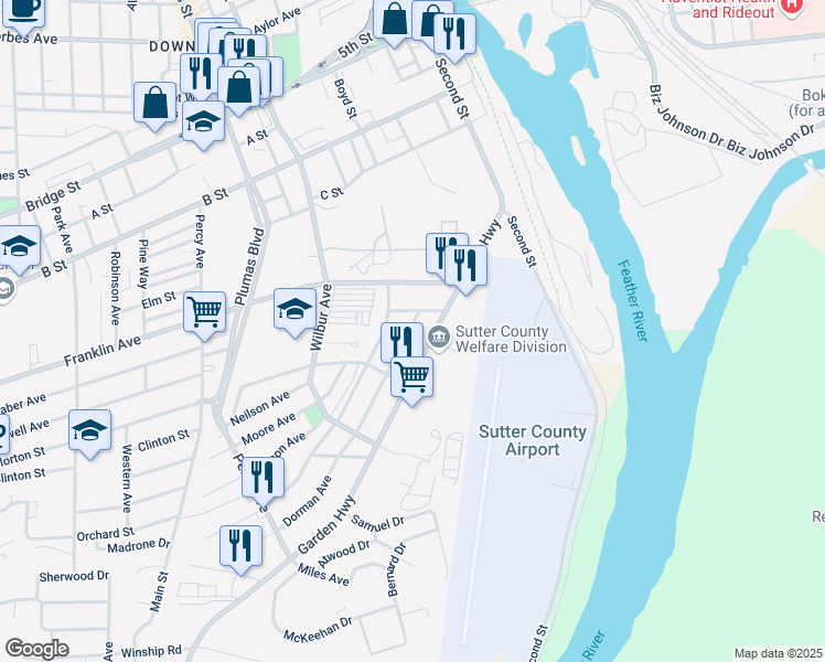 map of restaurants, bars, coffee shops, grocery stores, and more near 170 Dorman Avenue in Yuba City