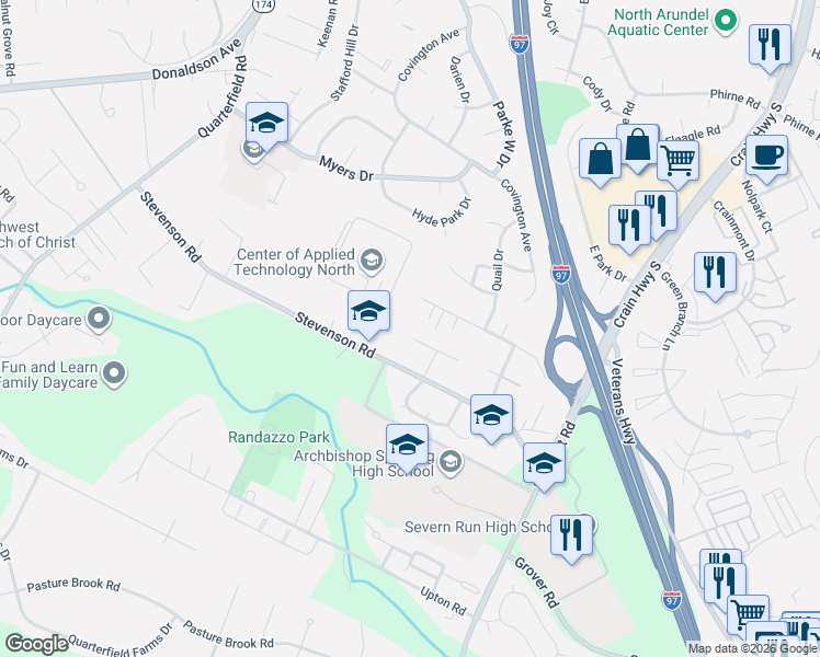 map of restaurants, bars, coffee shops, grocery stores, and more near 798 Martin Court West in Severn