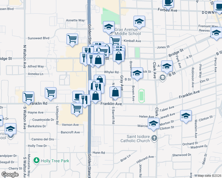 map of restaurants, bars, coffee shops, grocery stores, and more near 385 North Lawrence Avenue in Yuba City