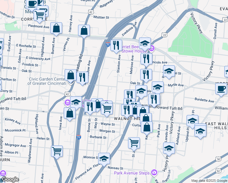 map of restaurants, bars, coffee shops, grocery stores, and more near 2635 Stanton Avenue in Cincinnati