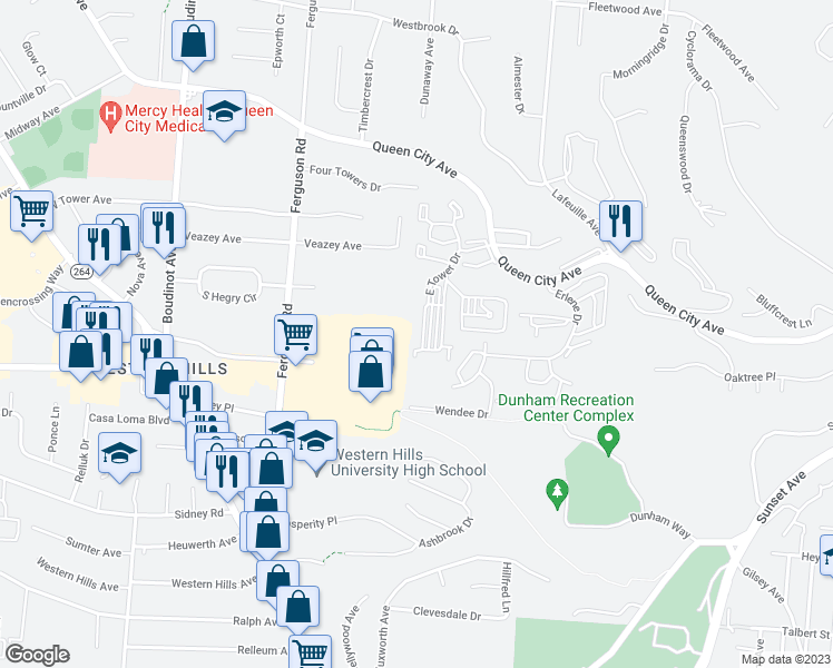 map of restaurants, bars, coffee shops, grocery stores, and more near 2717 East Tower Drive in Cincinnati