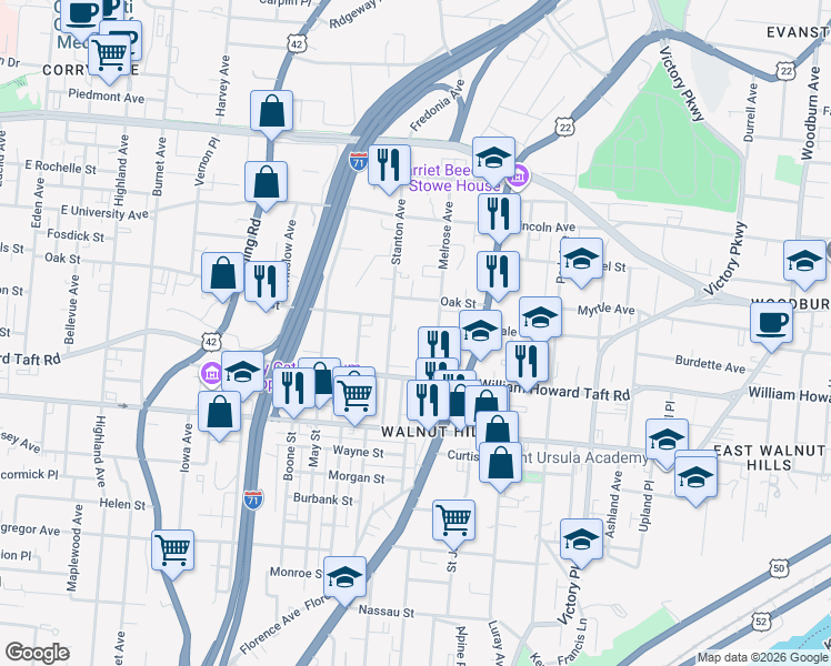 map of restaurants, bars, coffee shops, grocery stores, and more near 2636 Stanton Avenue in Cincinnati
