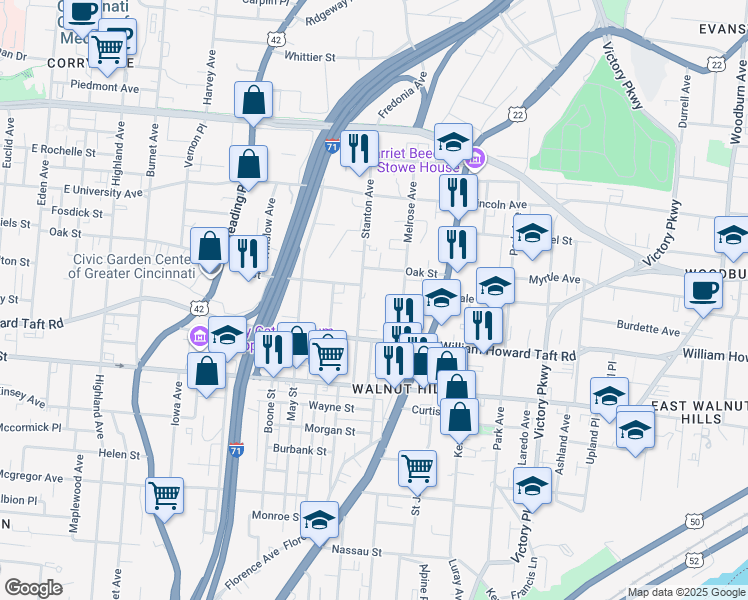 map of restaurants, bars, coffee shops, grocery stores, and more near 2636 Stanton Avenue in Cincinnati
