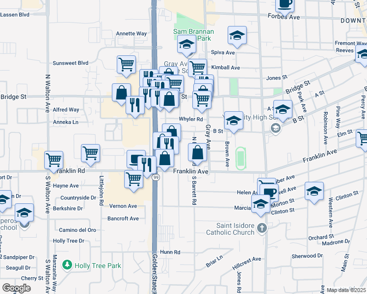 map of restaurants, bars, coffee shops, grocery stores, and more near 385 North Lawrence Avenue in Yuba City