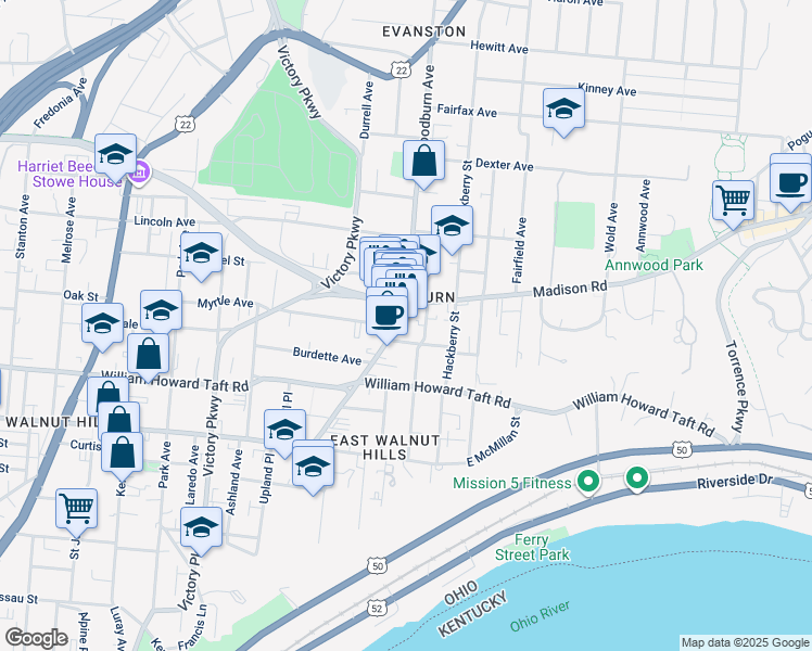 map of restaurants, bars, coffee shops, grocery stores, and more near 2800 Woodburn Avenue in Cincinnati
