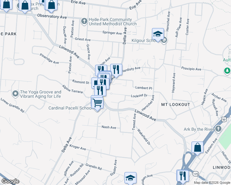 map of restaurants, bars, coffee shops, grocery stores, and more near 3160 Lookout Circle in Cincinnati