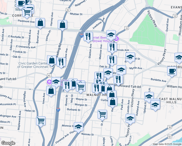 map of restaurants, bars, coffee shops, grocery stores, and more near 2634 Stanton Avenue in Cincinnati