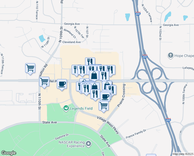 map of restaurants, bars, coffee shops, grocery stores, and more near 10618 Parallel Parkway in Kansas City