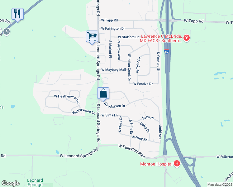 map of restaurants, bars, coffee shops, grocery stores, and more near 3845 Woodmere Way in Bloomington